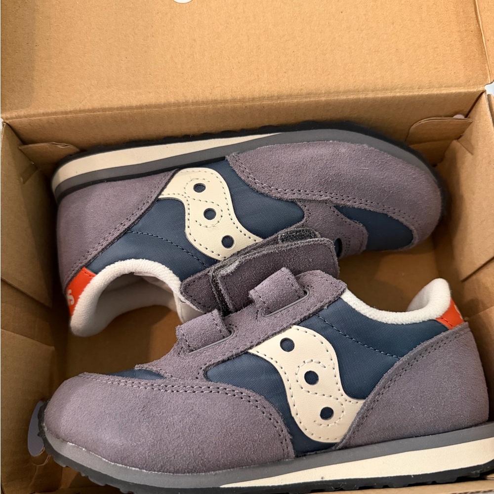 Saucony Kids Gray and Navy Velcro Sneakers with White Accents - Baby Jazz